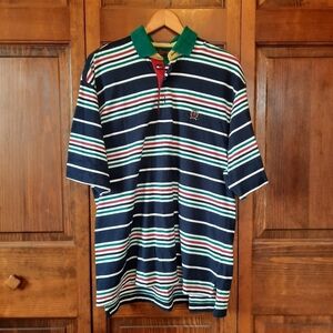 Vintage 90s Tommy Hilfiger navy blue preppy striped short sleeve polo shirt M